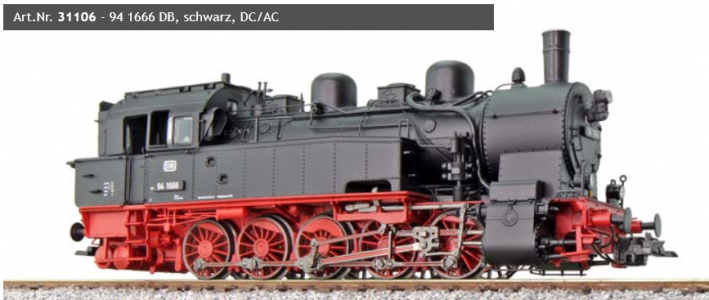 31106 ESU Stoomlocomotief Serie 94 - 94 1666 DB T16 zwart Ep III LokSound en rookgenerator, rangeerkoppeling DC/AC