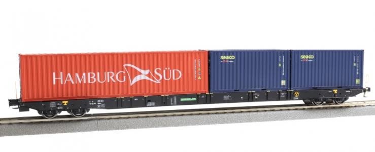96010062 Igra Model Sggnss 80 RailRelease NL met 1x 40ft HC Hamburg Süd en 2x 20ft SEACO containers